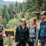 Tour guide briefing a travel group before departure using group tour software